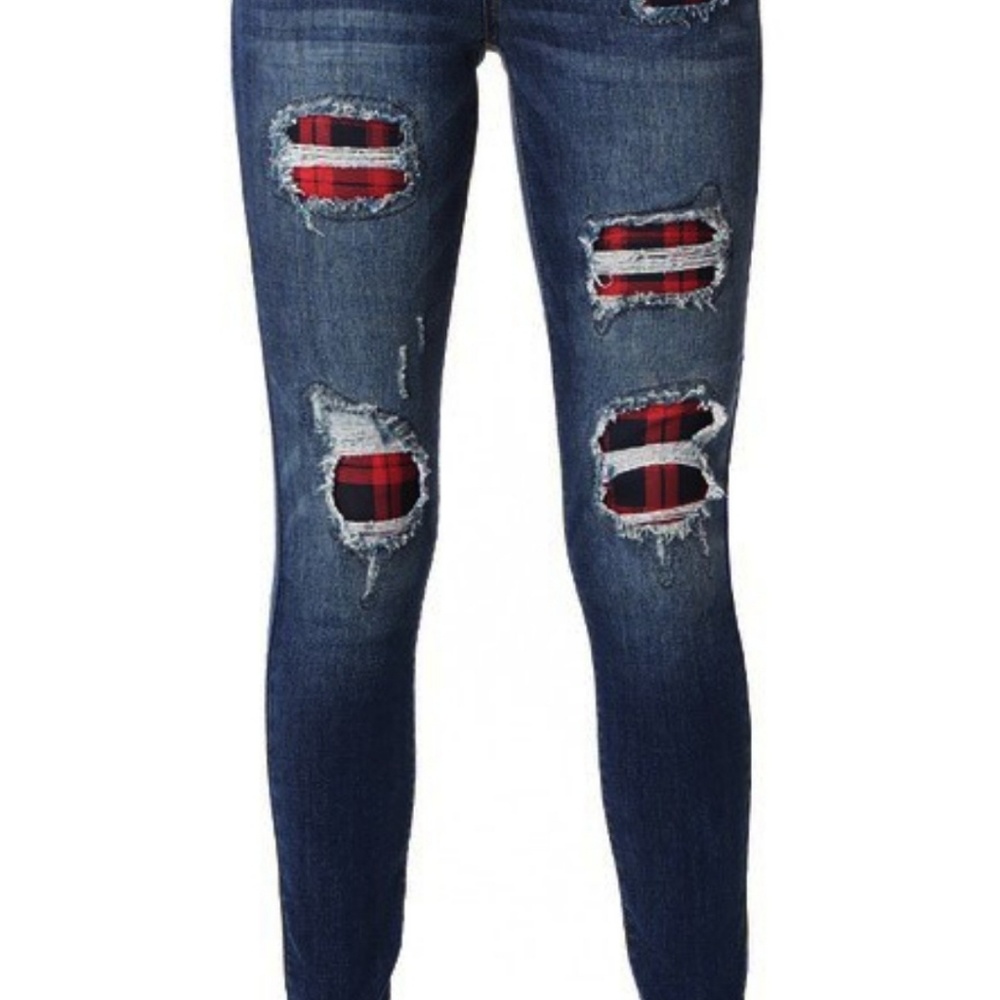 Judy Blue Buffalo Plaid Patch Distressed Jeans - Picture 2 of 8